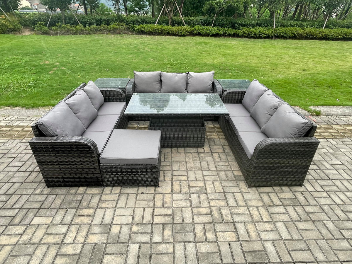GARTENSOFA SET Polyrattan 10-Sitzer - Dunkelgrau/Grau, Glas/Kunststoff - Fimous