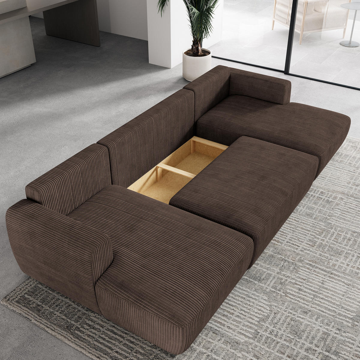 WOHNLANDSCHAFT SENTUM P Braun Kordstoff mit Schlaffunktion - Braun, Holz (330/90/148cm) - MASSENO