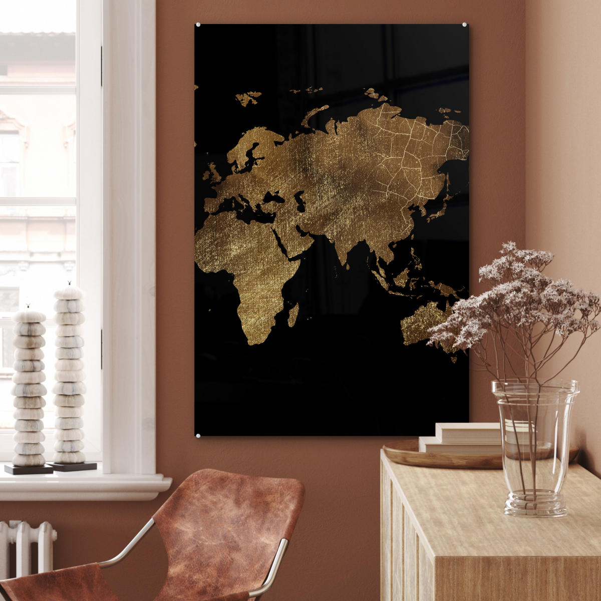 ACRYLGLASBILD Weltkarte - Gold - Luxus - Erde - Schwarz 60x90 cm - Goldfarben, Glas (60/90cm) - MuchoWow