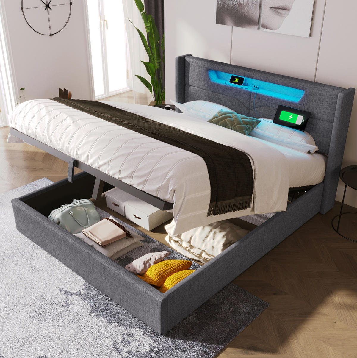 POLSTERBETT 140/200 cm grau aus Leinen mit LED und USB-C - Grau, Textil (140/200cm) - OKMYHOME