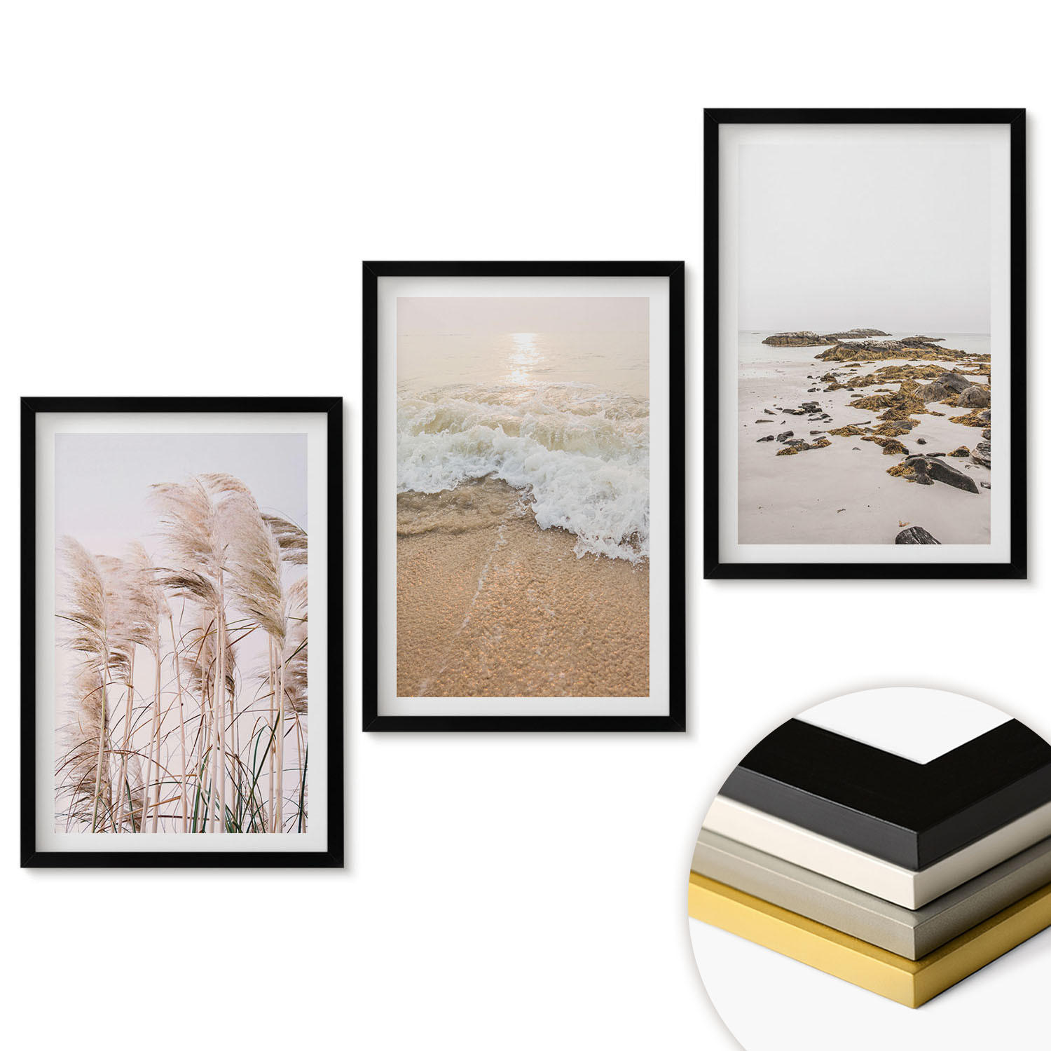 WANDBILDER 3er-Set - 40x60 cm Schwarzer Rahmen - Strandgras, Wellen, Steine, Boho-Stil - Schwarz, Kunststoff (40/60cm) - ArtPrintCave