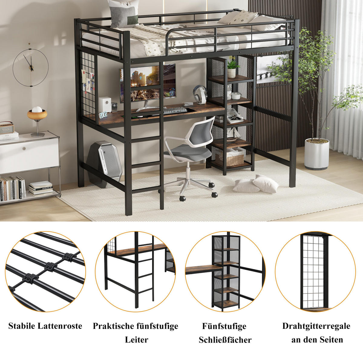 HOCHBETT 90/200 cm aus Metall und MDF mit Tisch und Regalfächern Schwarz-Dunkle Holzfarbe - Schwarz, Holzwerkstoff (90/200cm) - Modenvie
