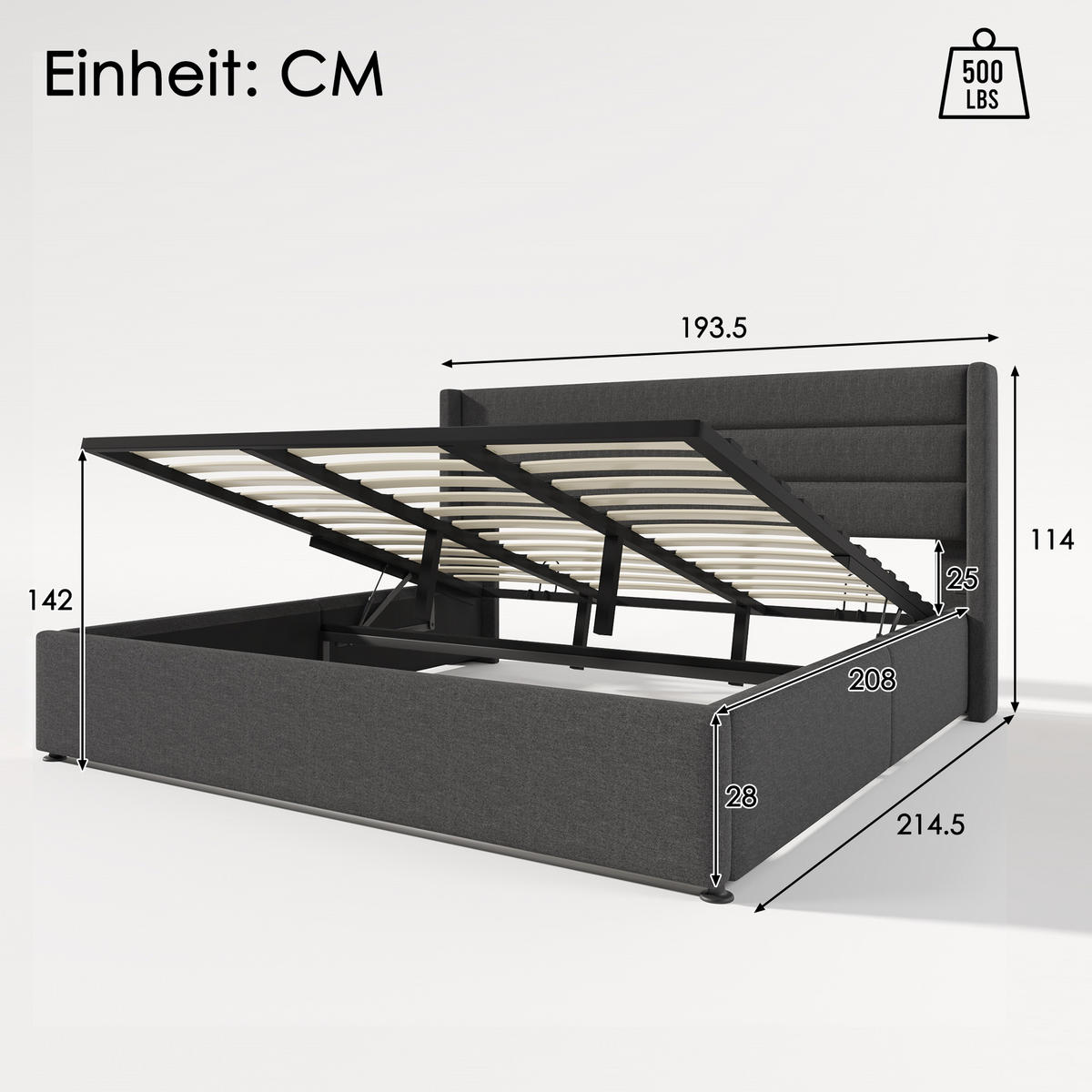 POLSTERBETT 180/200 cm Grau mit hydraulischem Lattenrost - Grau, Textil (180/200cm) - OKWISH