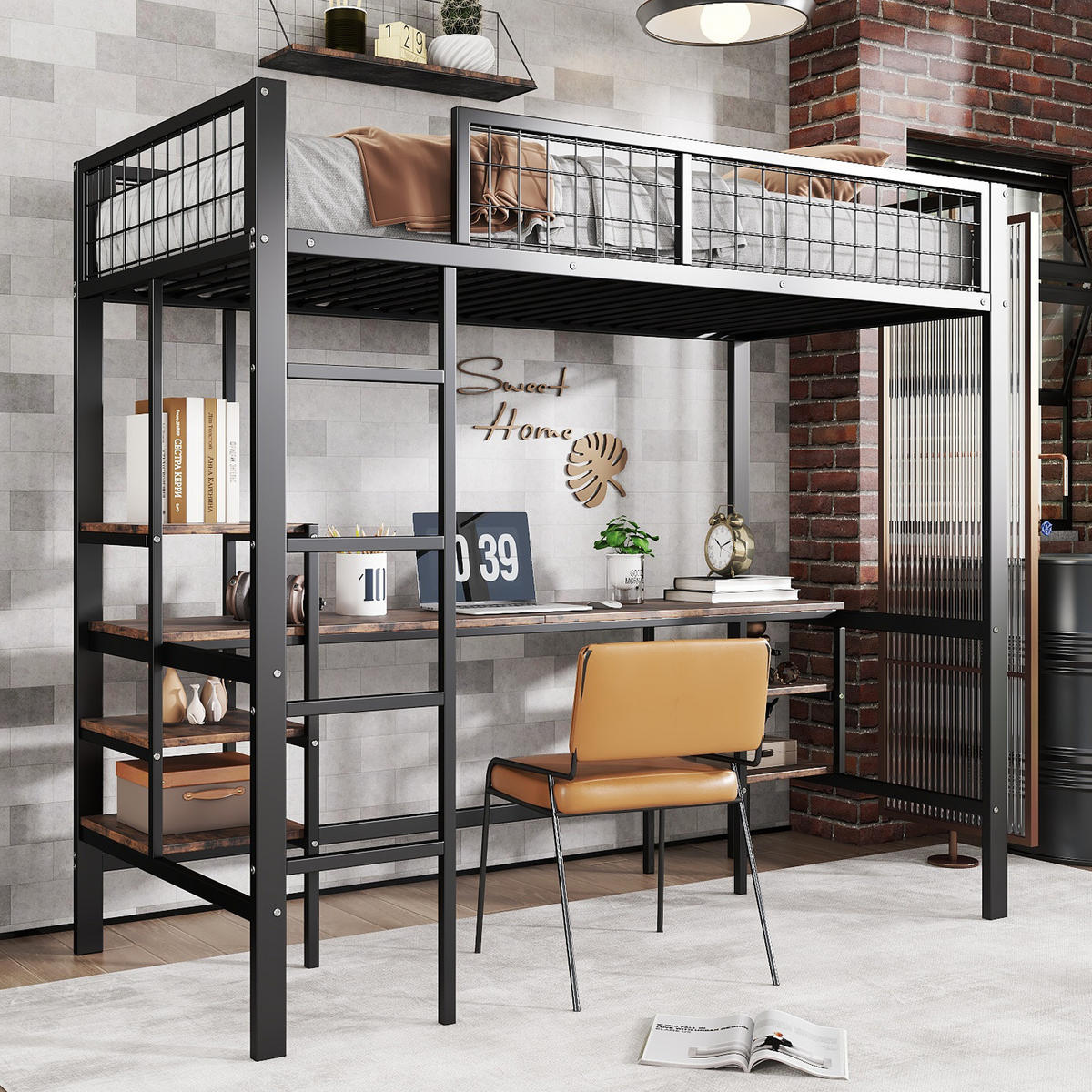 ETAGENBETT 90/200 cm schwarz aus Metall und Spanplatte mit Tisch und Regalen - Schwarz, Metall (90/200cm) - OKWISH