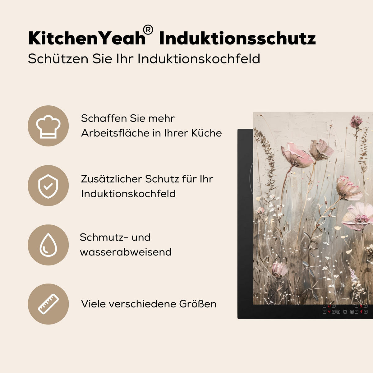 HERDABDECKPLATTE Blumen - Beige - Trockenblumen 85x52 cm - Beige, Kunststoff (85/52/0.2cm) - MuchoWow
