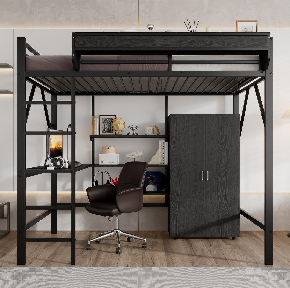 VYSOKÁ postel 140/200 cm černá s psacím stolem úložným prostorem a skříní z kovu a MDF - černá, kompozitní dřevo (140/200cm) - OKWISH