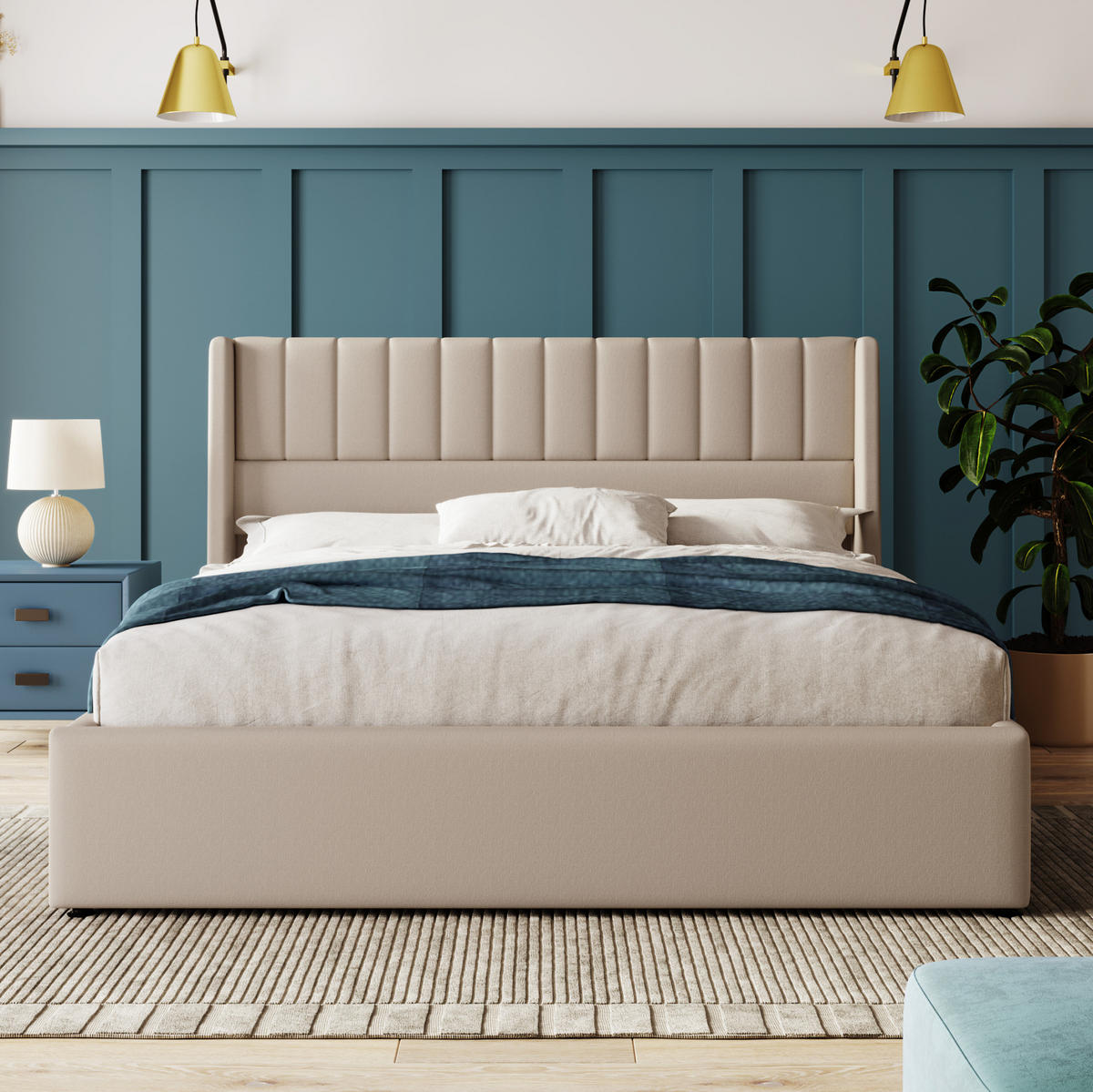 BETT mit Bettkasten 140x200 cm Leinen Beige - Beige, Metall (140/200cm) - Meubliv
