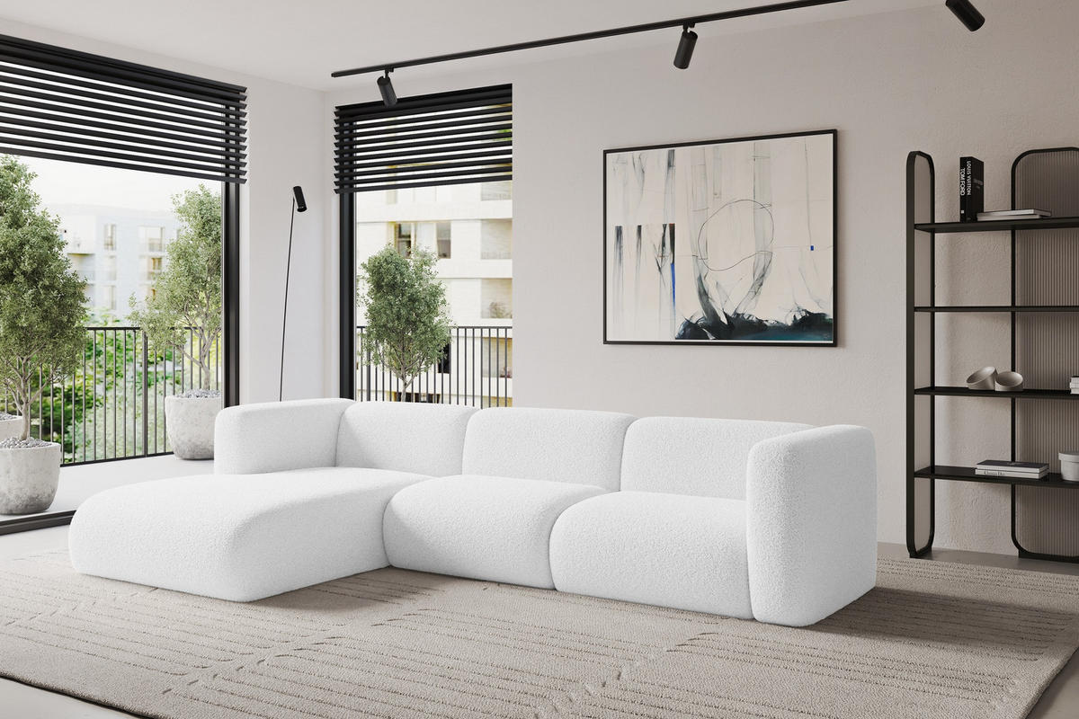 ECKSOFA Ottomane Links MIRA-L1 227x179x89 Weiß Bouclé - Schwarz/Weiß, Holzwerkstoff/Kunststoff (227/179cm) - ALTDECOR