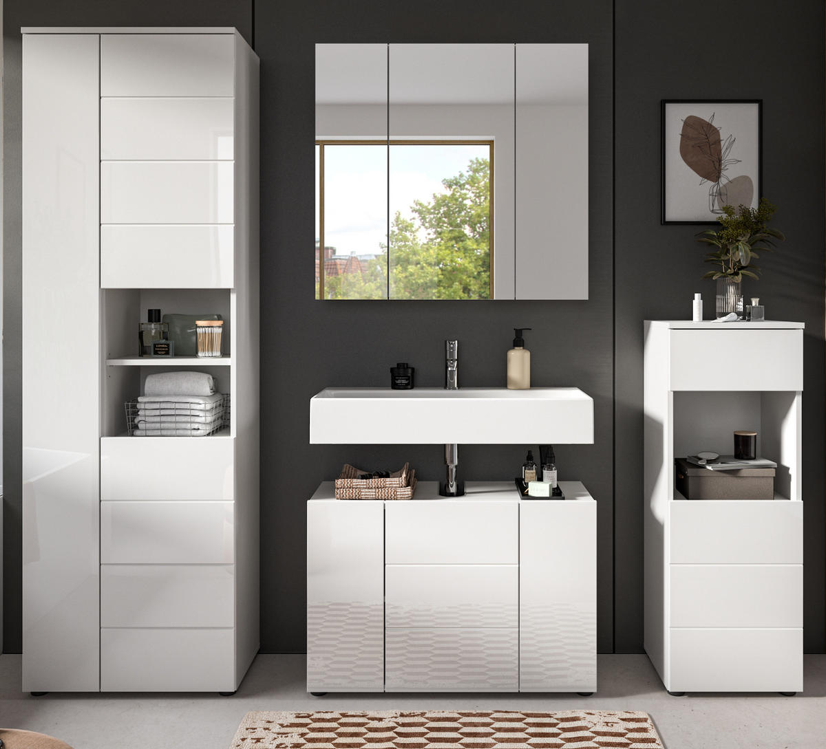 BADZIMMER-SET 4-teilig weiß Hochglanz 210 x 190 cm, Badmöbel mit viel Stauraum - Weiß Hochglanz/Schwarz, Holzwerkstoff/Kunststoff (210/190/34cm) - Inn.Furn