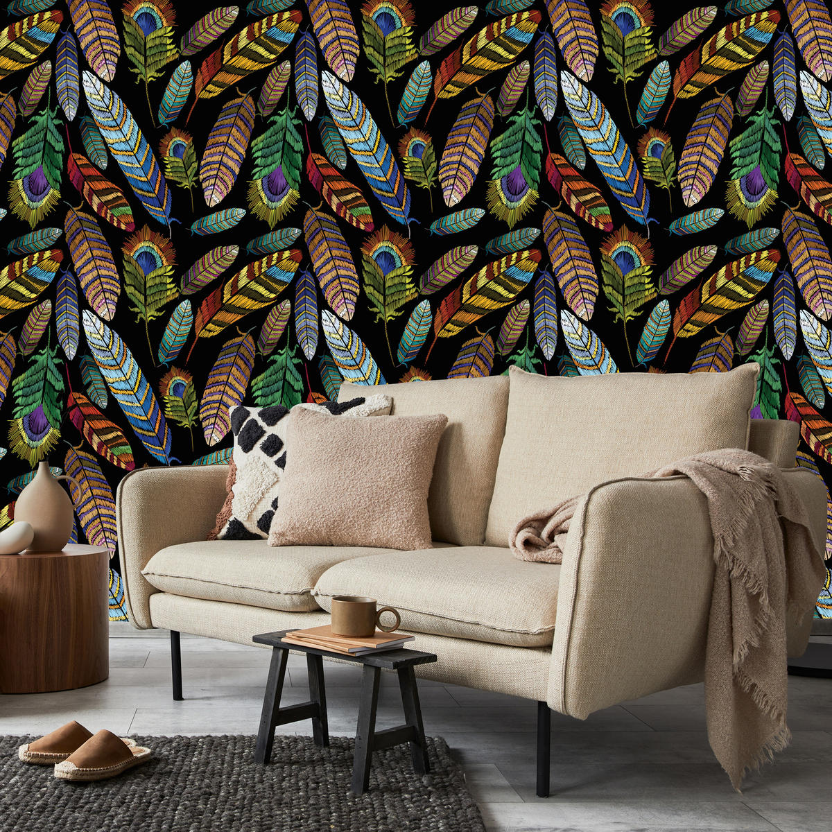 VLIESTAPETE Tropische Federn – Bunt, Schwarz – 50x1000 cm - Multicolor/Schwarz, Papier (50/1000cm) - Muralo