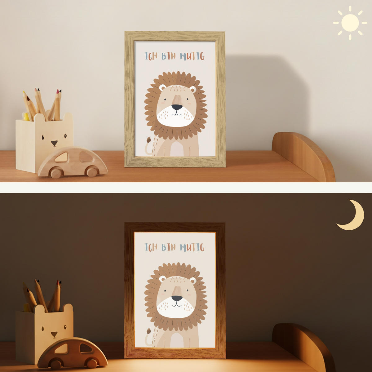 NACHTTISCHLAMPE Löwe - Beige - Tier - Mutig - Zitat 15x20 cm - Beige, Holzwerkstoff (8/15/20cm)