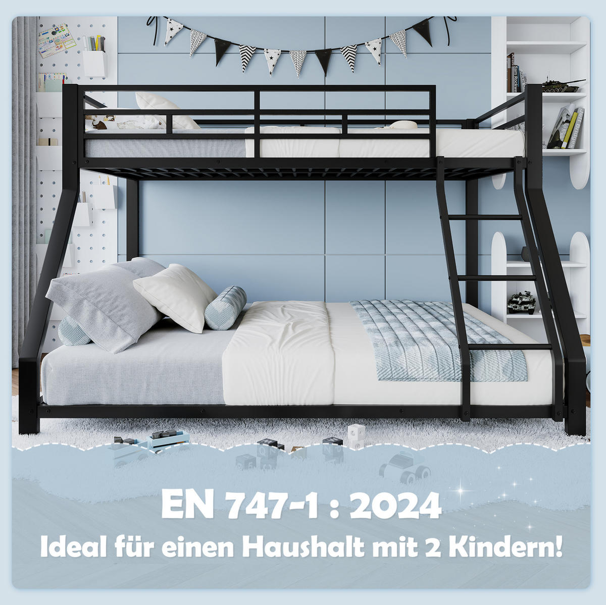 ETAGENBETT 90x200/140x200 cm in Schwarz – Metall, mit Treppe und Geländer - Schwarz, Metall (90/200cm) - Modenvie