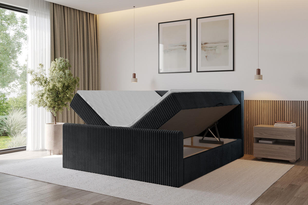 BOXBETT mit Matratze H3 und Lattenrost - TOLO-Z - 140x200 Cord - Schwarz - Schwarz, Holzwerkstoff (140/200cm) - ALTDECOR