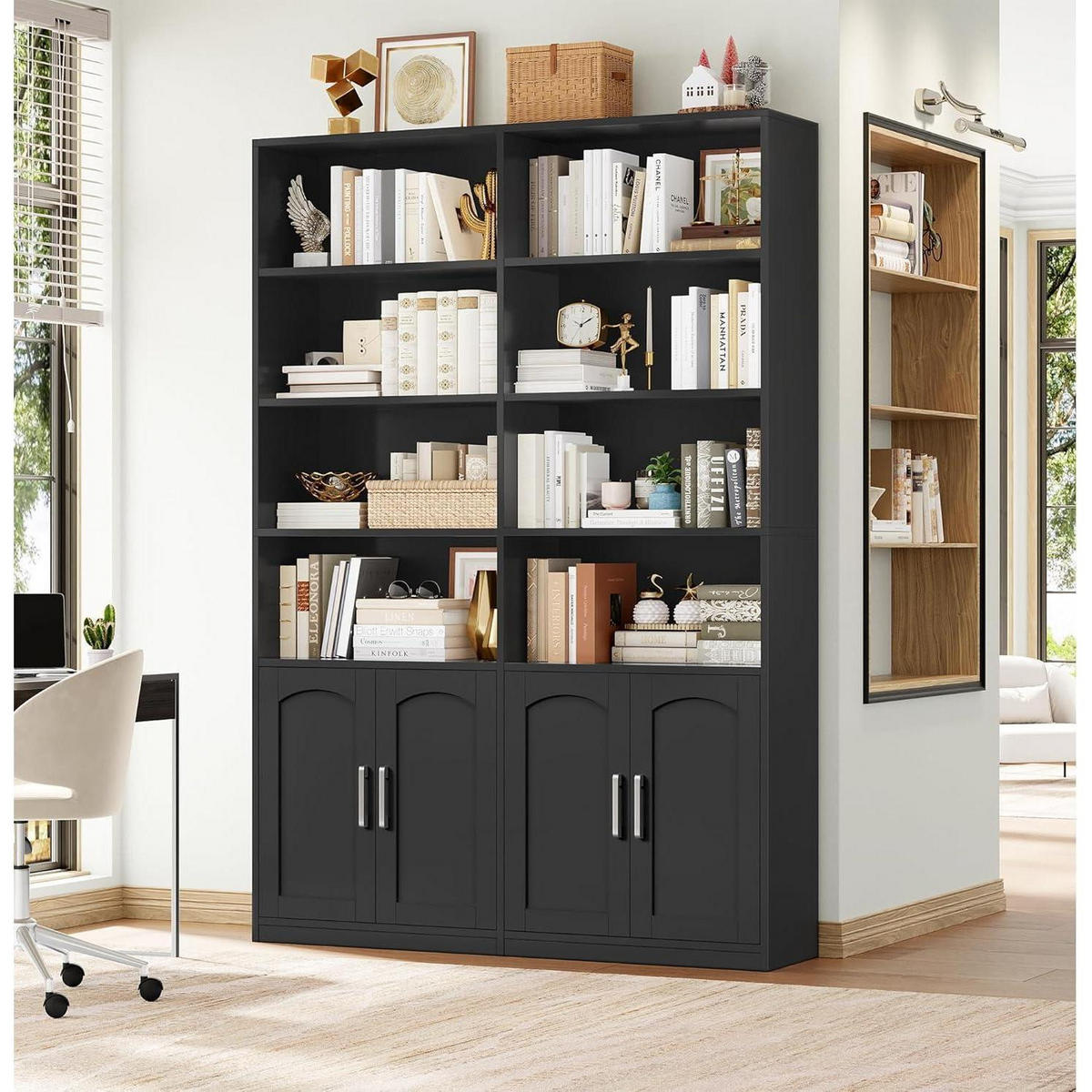 BÜCHERREGAL mit Türen 12 Fächer 115 x 27 x 185,5 cm schwarz - Schwarz, Holzwerkstoff (115/185.5/27cm)