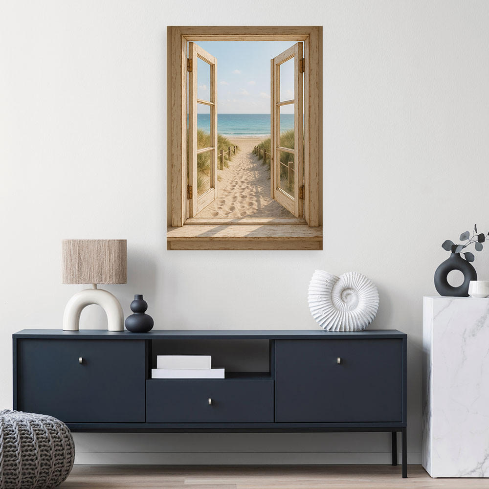 LEINWANDBILD Blick aus einem Fenster auf den Strand 80x120cm - Beige, Textil (80/120cm) - Feeby