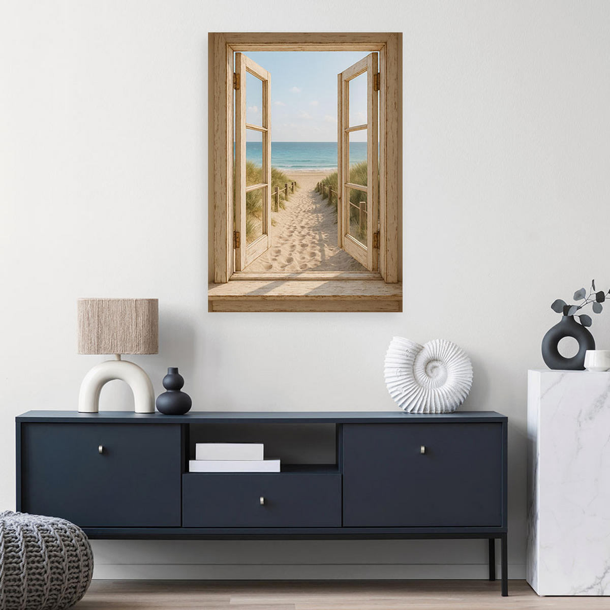 LEINWANDBILD Blick aus einem Fenster auf den Strand 80x120cm - Beige, Textil (80/120cm) - Feeby