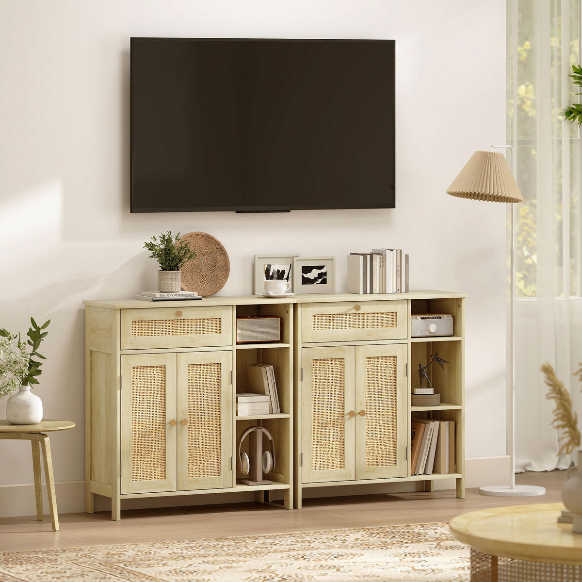 SIDEBOARD DE-11221 2 Rotintüren, Schublade Naturholz - Naturfarben, Holzwerkstoff (75/79.5/30cm) - ComfortXL