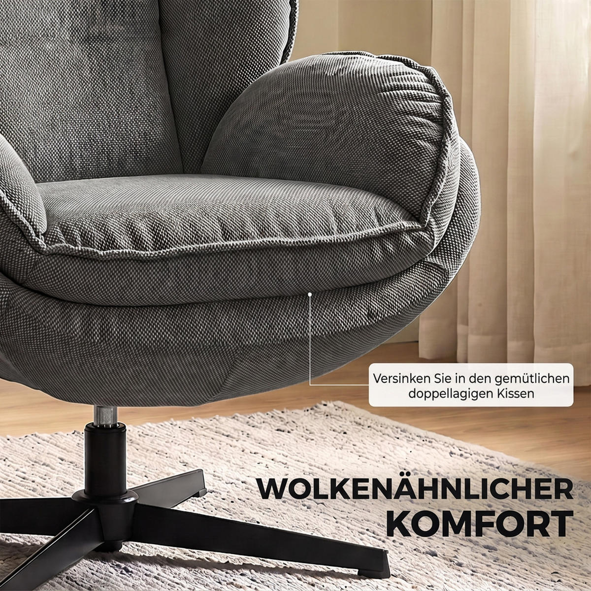RELAXSESSEL-MIT-HOCKER Polyester Grau - Schwarz/Grau, Textil/Metall (74/85/86cm) - HOMCOM