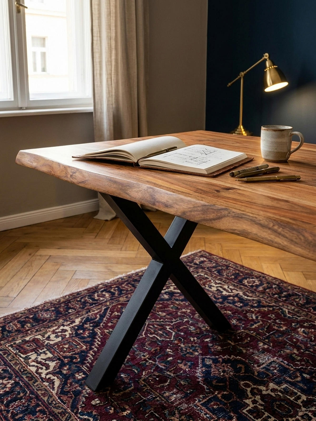 SCHREIBTISCH Massivholz X-Gestell Baumkante Handgefertigt KRETA, Goldbraun-Schwarz 120x60x76 cm - Schwarz/Braun, Holz/Metall (120/60/76cm) - KADIMA DESIGN