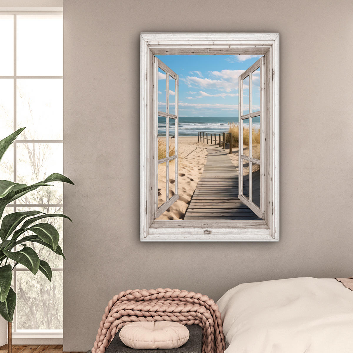 LEINWANDBILD Fenster - Meer - Küste - Natur - Ausblick - Strand - Wattenmeer Deko XXL 80x120 cm - Beige, Textil (80/120cm) - MuchoWow