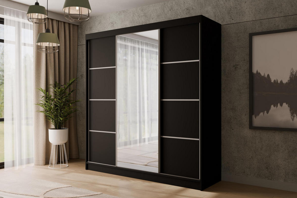 KLEIDERSCHRANK mit Spiegel V2-LOFTIA 215x200 cm Schwarz - Schwarz, Holzwerkstoff (200/215/61cm) - ALTDECOR