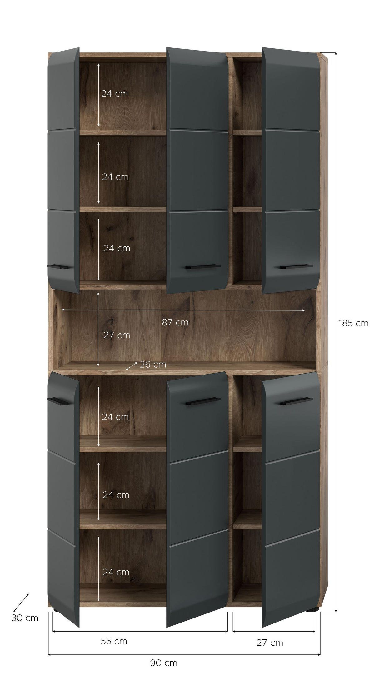 MEHRZWECKSCHRANK ICE (B/H/T: ca. 90/185/30 cm) in Nox Oak Nachbildung/schwarz matt - Eichefarben, Holzwerkstoff (90/185/30cm)