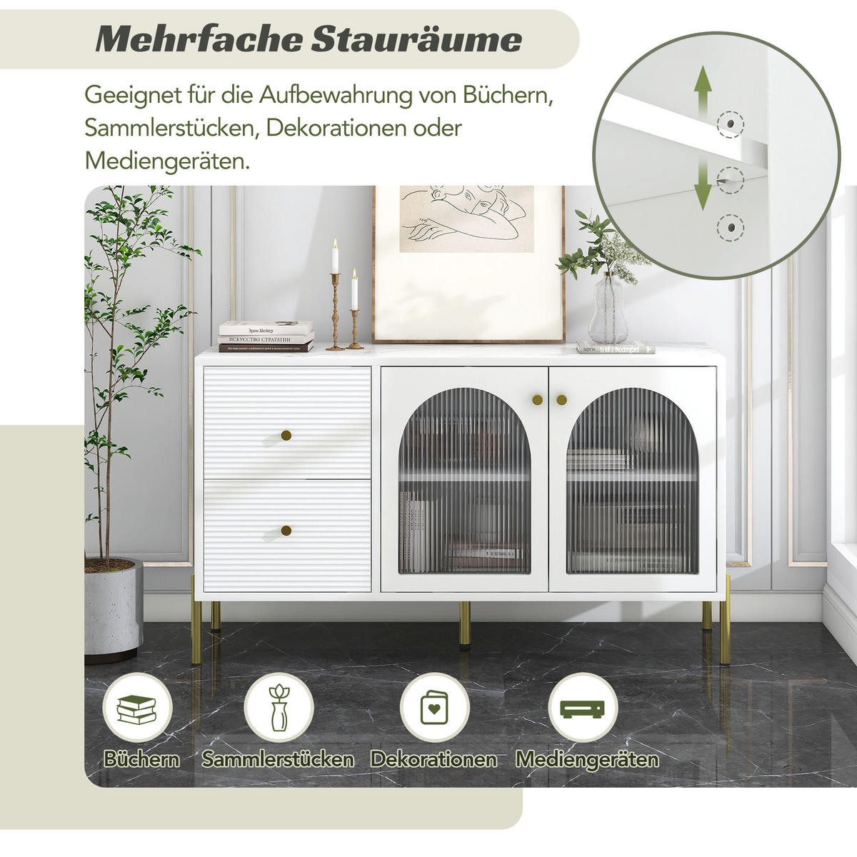 SIDEBOARD mit Vitrine Marmor Glas Weiß - Weiß, Glas (40/73/120cm) - Urban Meuble