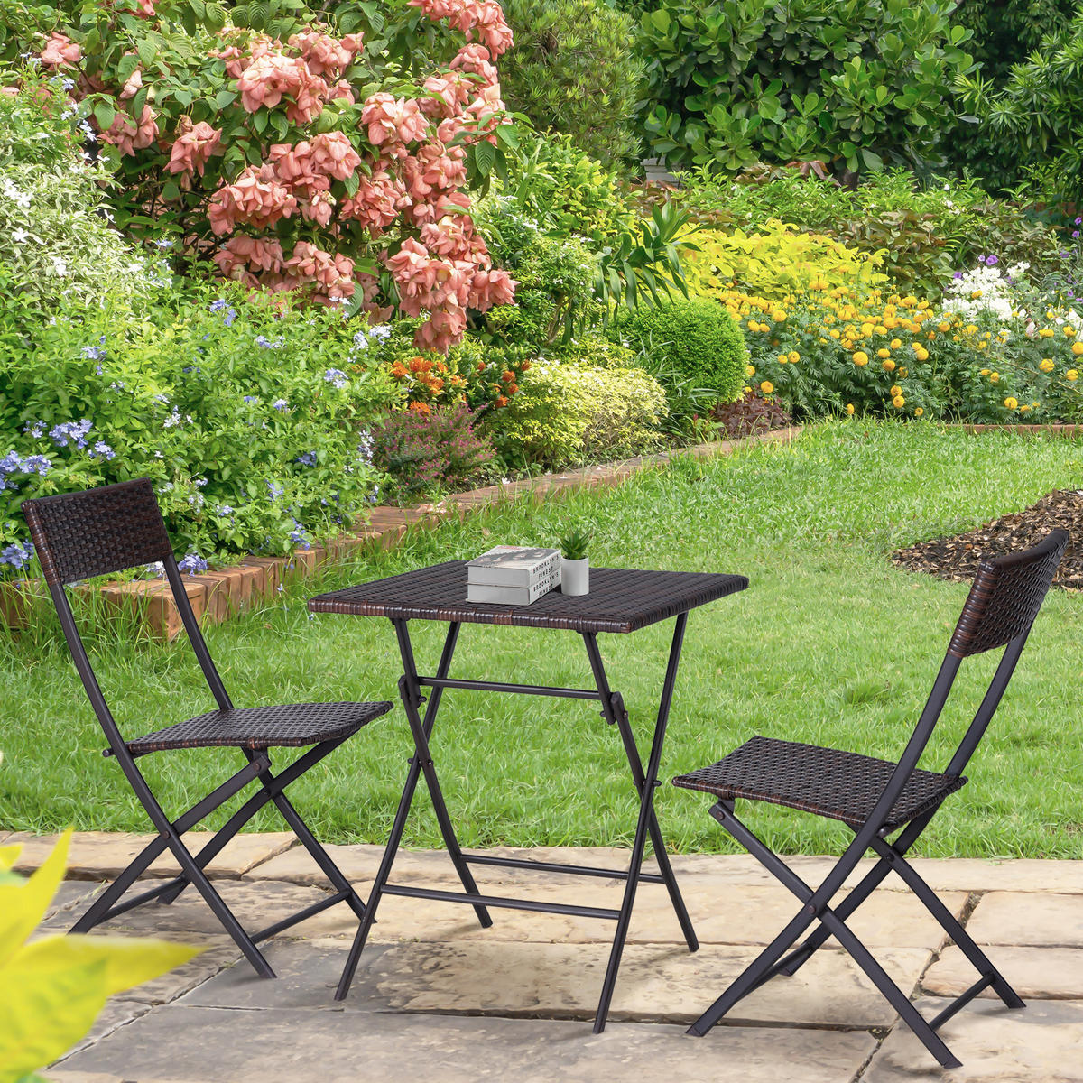 BISTROSET Polyrattan, 3tlg. Balkonmöbel Set, Sitzgruppe, Essgruppe, Gartenmöbel - Braun, Metall - Outsunny