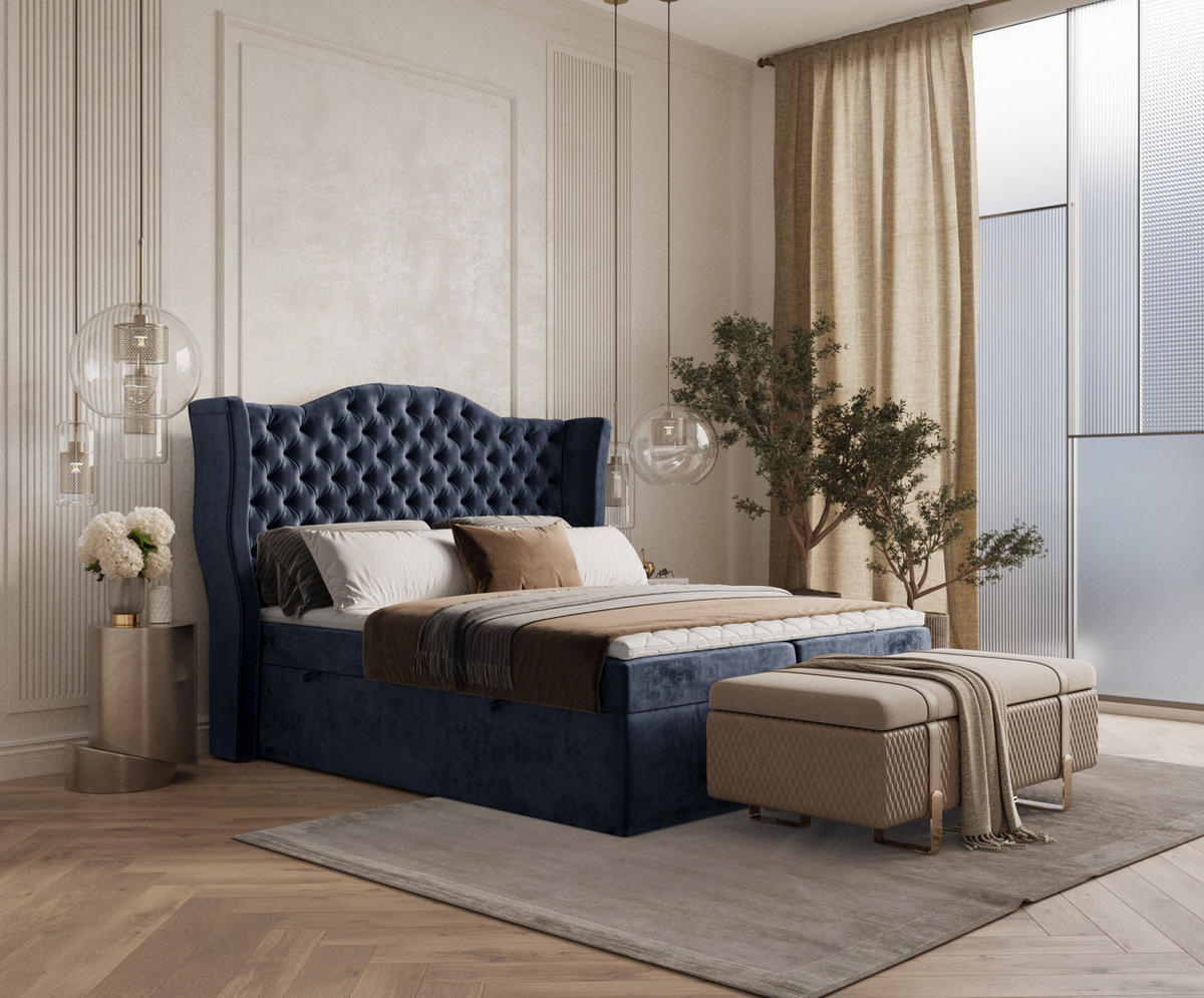 BOXBETT Royal Marineblau 140/200 cm im Chenille-Stoff - Schwarz/Dunkelblau, Holz/Holzwerkstoff (140/200cm) - Maison de Reve
