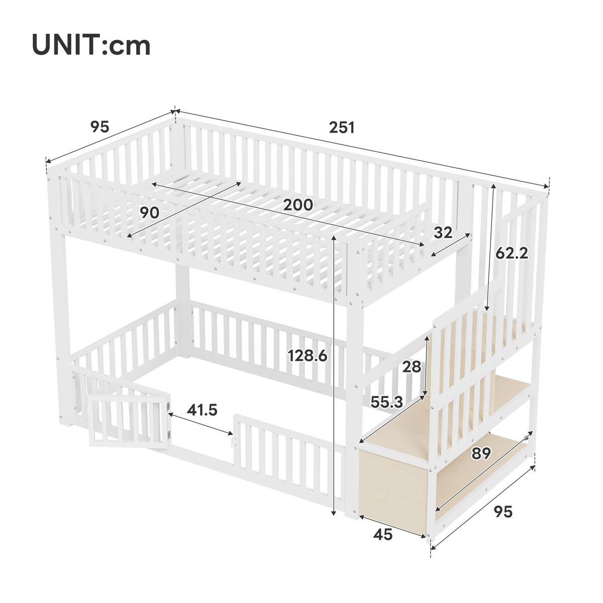 ETAGENBETT 90/200 cm Weiß mit Stauraumleiter und LED - Weiß, Metall (90/200cm) - Oxeza