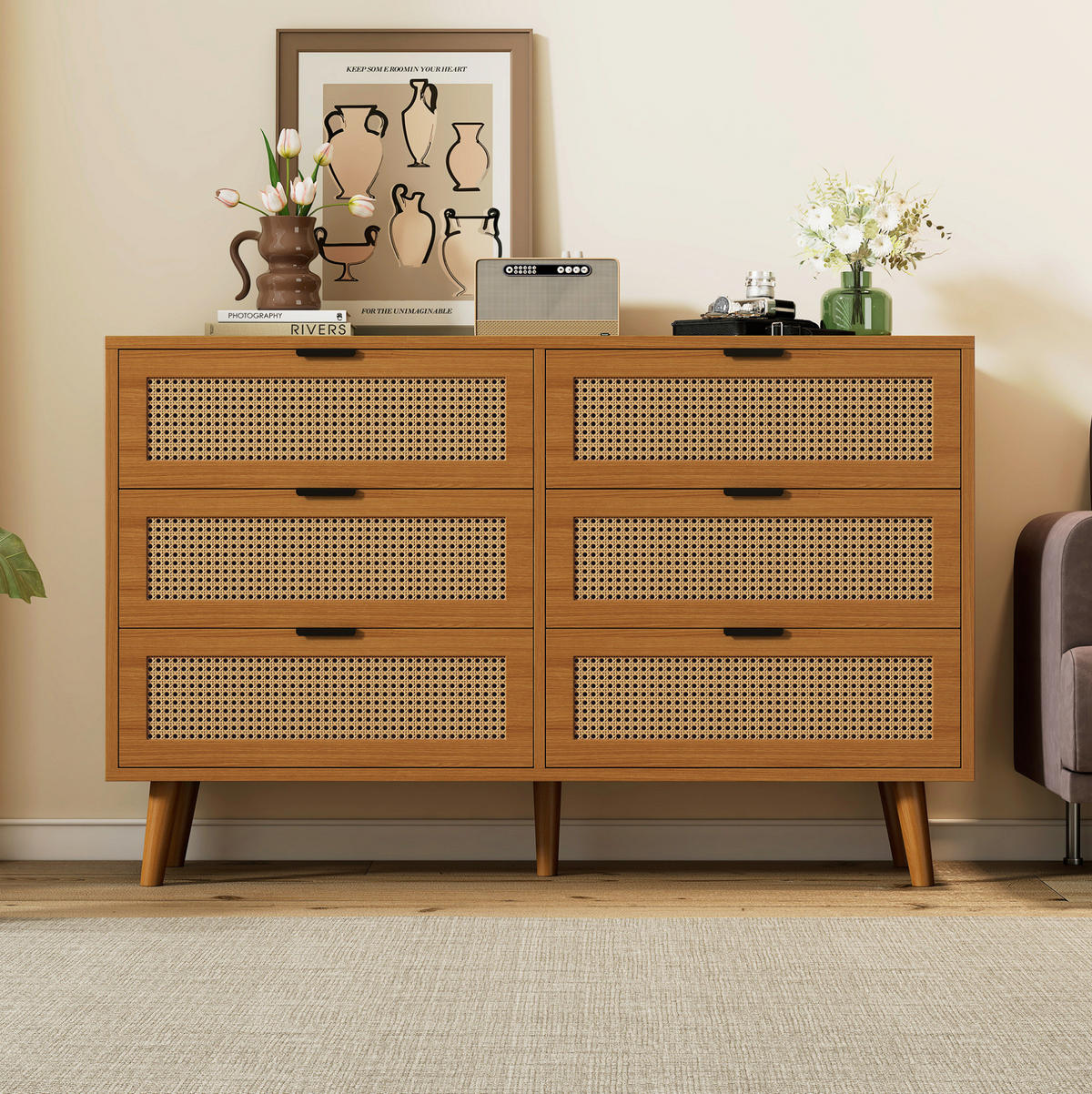 KOMMODE, 6 Schubladen, mit Retro-Rattan-Optik und Metallgriffen, 120x40x76,5 cm, Walnussfarben - Walnussfarben, Holzwerkstoff (40/76.5/120cm) - Modfu