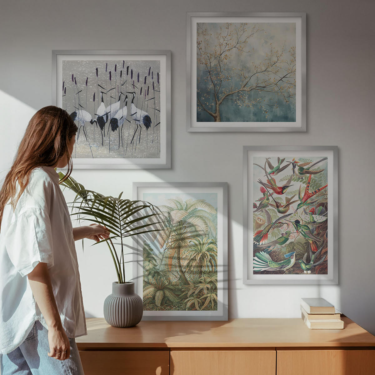 BILDER SET 4er Set - 50x50 cm & 40x60 cm Silberner Rahmen - Tropische Pflanzen, Vögel, Natur - Silberfarben, Kunststoff (50/50cm) - TULUP