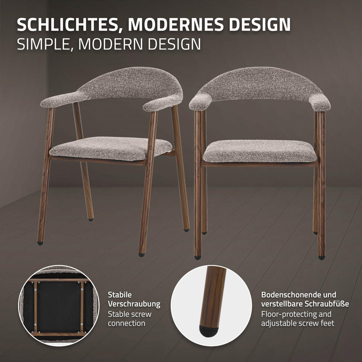 JÍDELNÍ ŽIDLE, sada 2 ks, hnědé s proplétaným vzorem a ocelovou konstrukcí v imitaci dřeva - hnědá, kov/textil (59/78/61cm) - ML-DESIGN