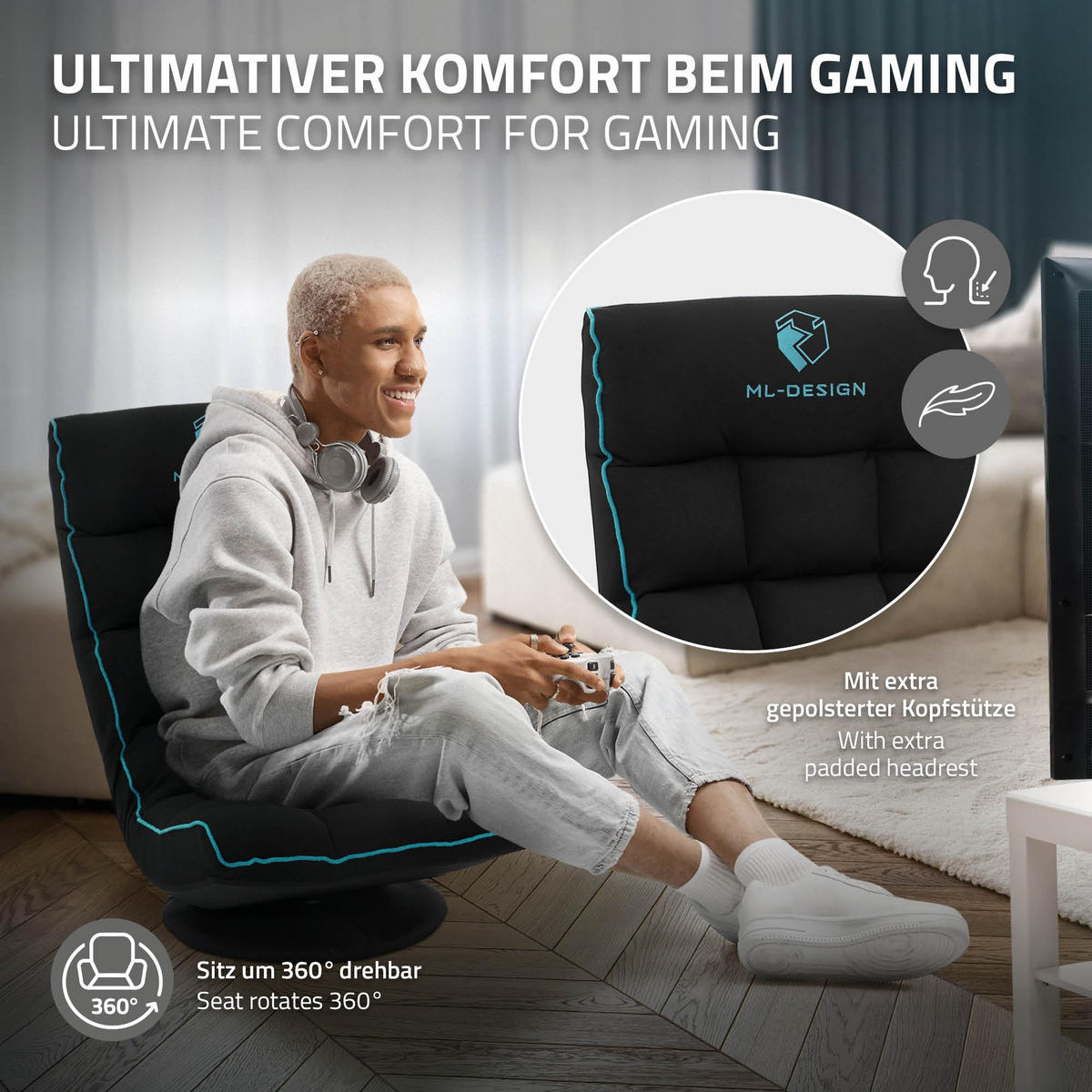GAMINGOVÁ ŽIDLE NA PODLAHU Černá-tyrkysová látkový potah 360° otočná a nastavitelná - černá/tyrkysová, textil (56/85/92cm) - ML-DESIGN