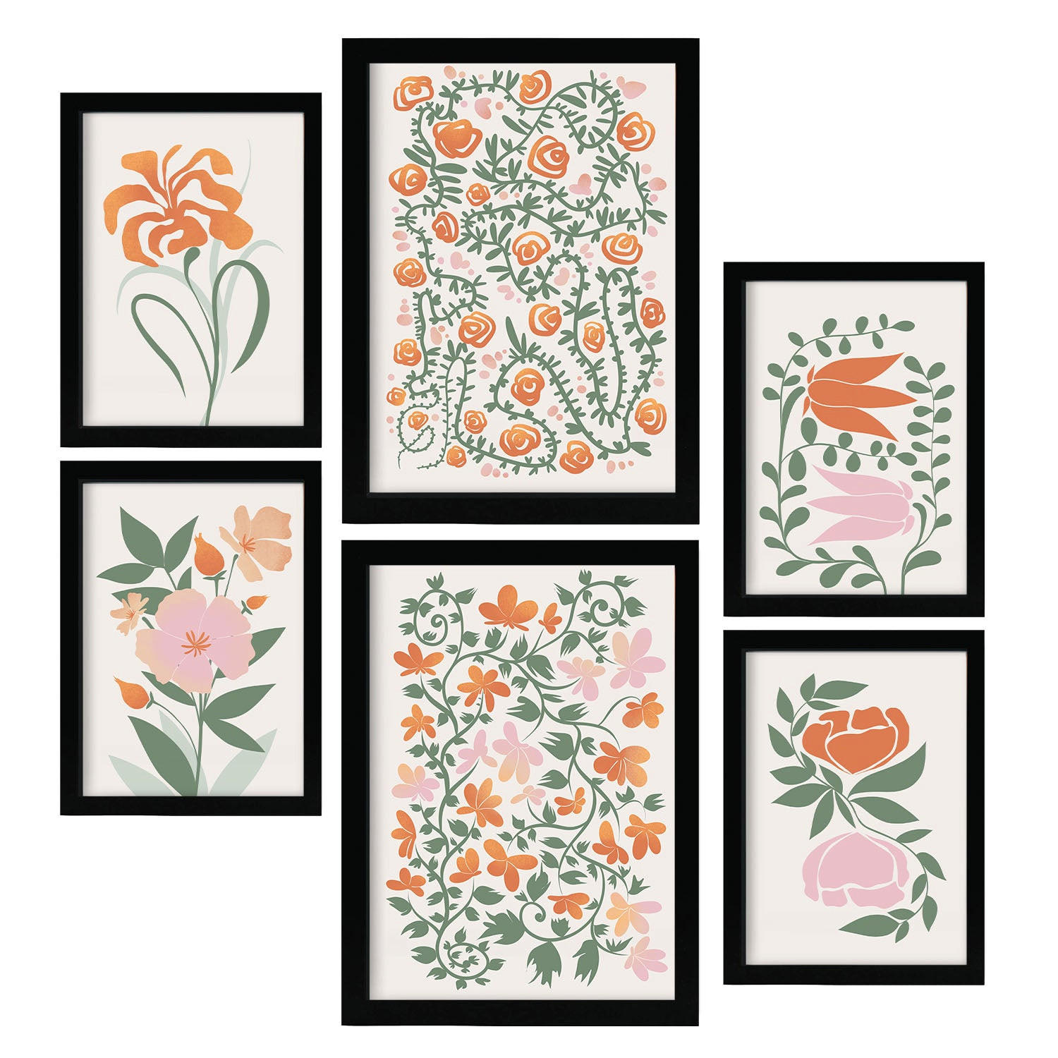 POSTER Set Mit 6 Fustige Blume In Blume Zusammenfassung Ästhetische Dekorative Gemälde Für Ihr Wohnzimmer Zuhause A3 & A4 Schwarzer Rahmen - Schwarz, Papier (29/3cm) - Nacnic