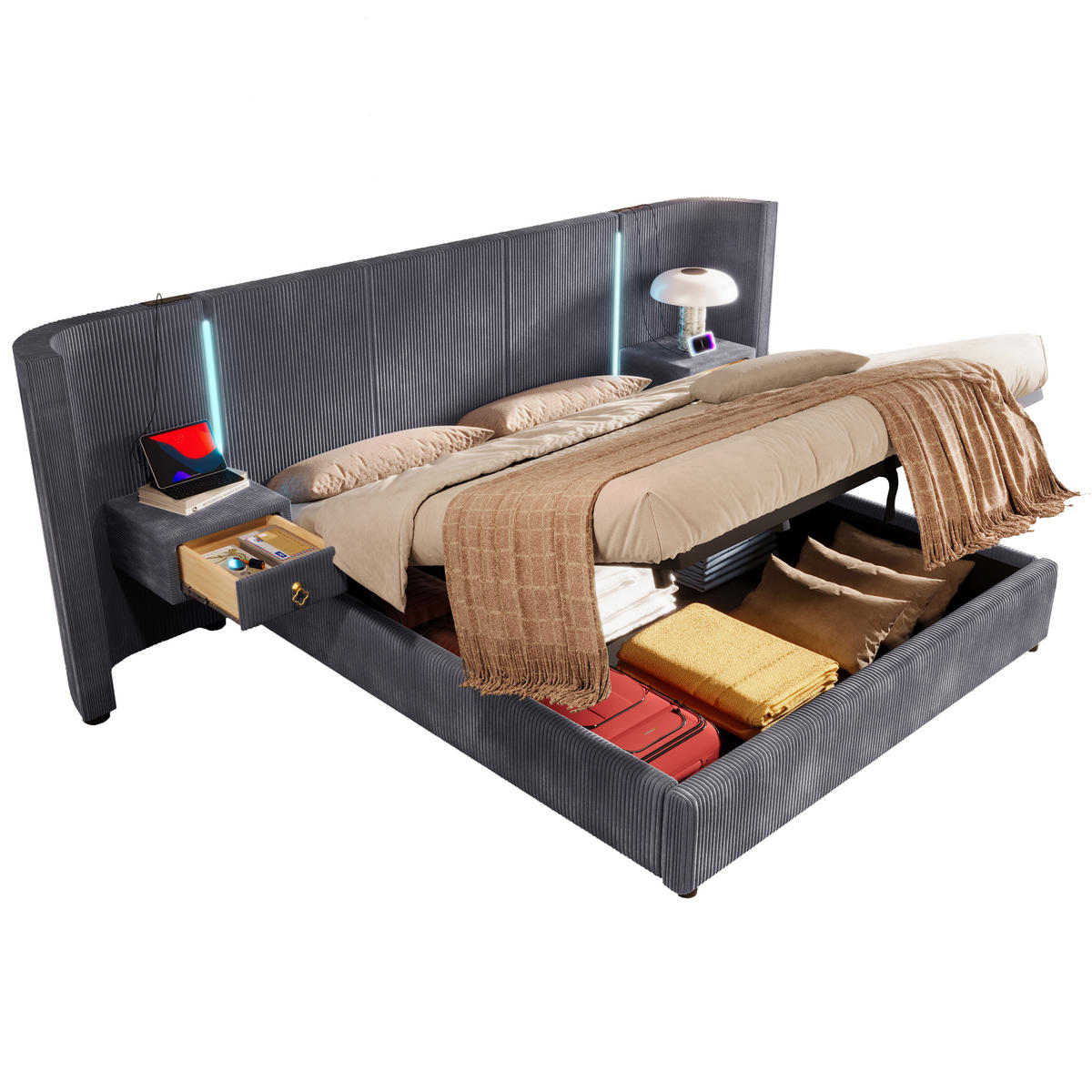 POLSTERBETT 180/200 cm grau mit LED-Leiste und hydraulischem Stauraum - Grau, Textil (180/200cm) - OKWISH