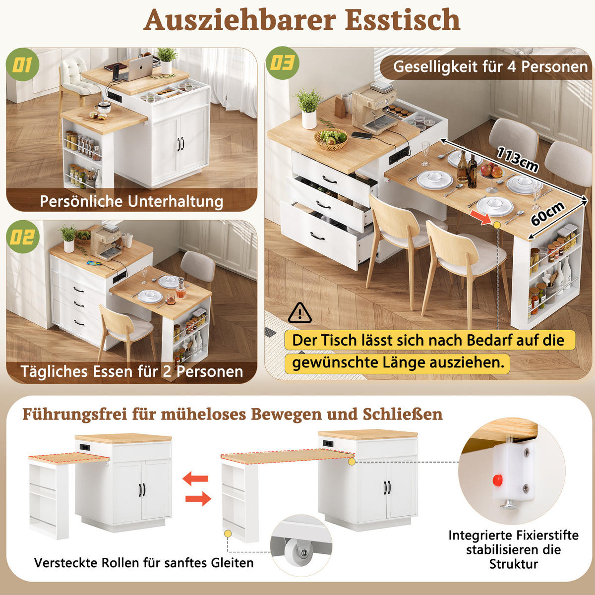 KÜCHENINSEL 125,5-187,5/71/93 cm weiß aus MDF mit Ausziehtisch LED und USB/Type-C - Weiß, Holzwerkstoff (125.5/93/71cm) - OKWISH