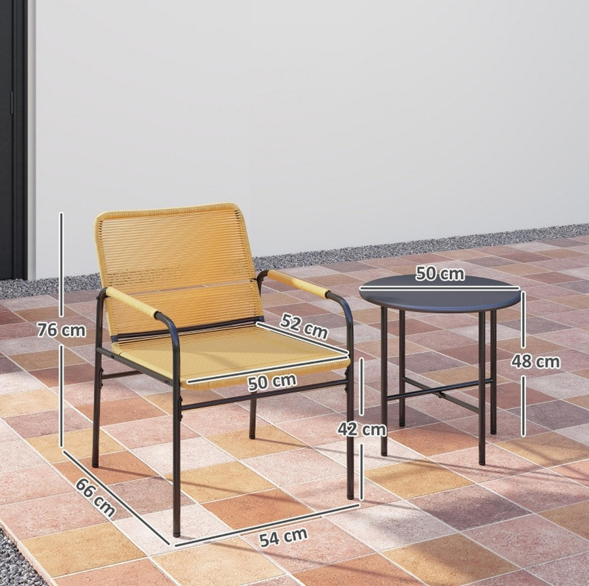 BALKONSET 3-teilig,50×50×48cm Rattan Tisch rostfrei - Gelb, Metall - Modfu