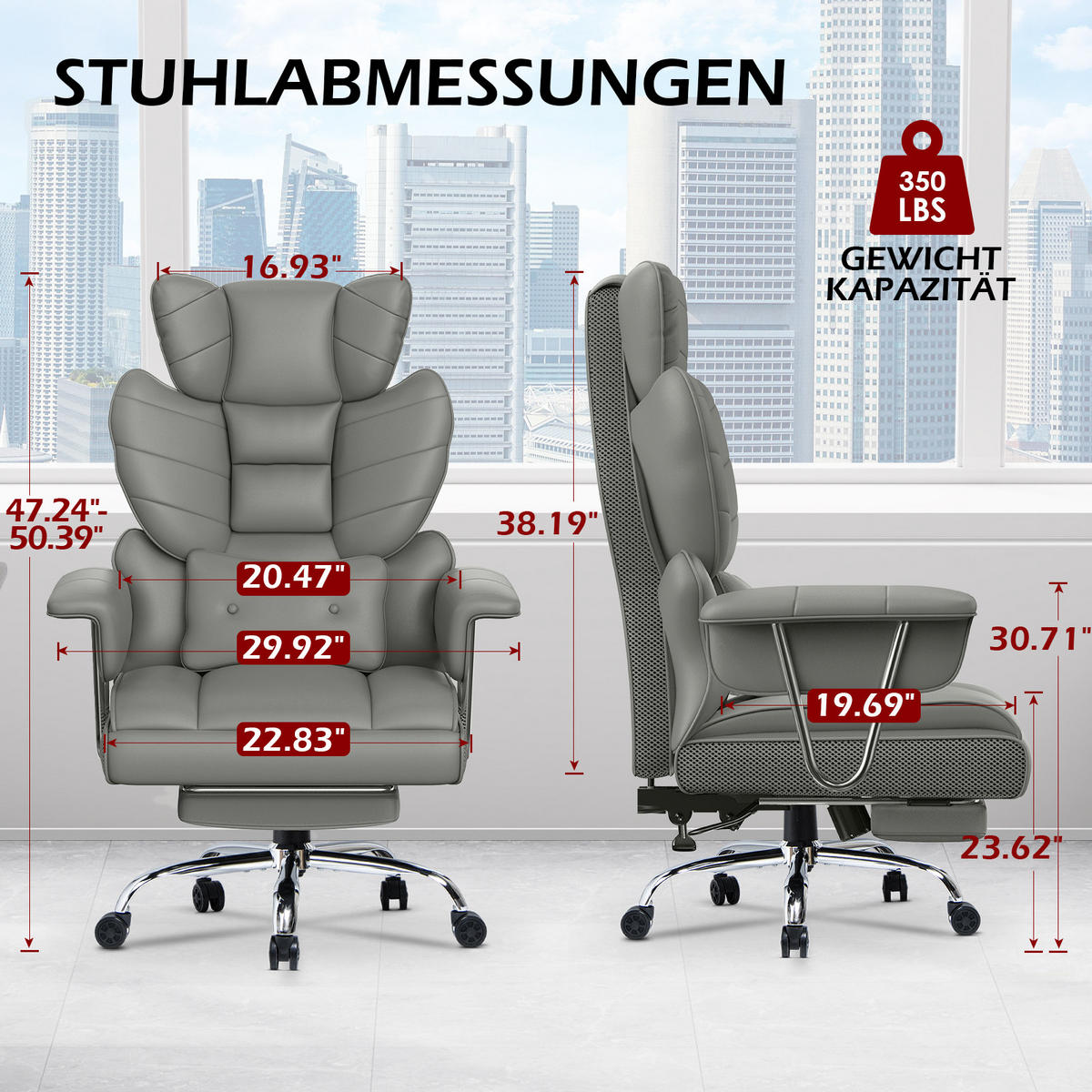 CHEFSESSEL ergonomisch, Leder, Fußstütze – Grau - Grau, Metall (58/128/50cm) - Rattantree