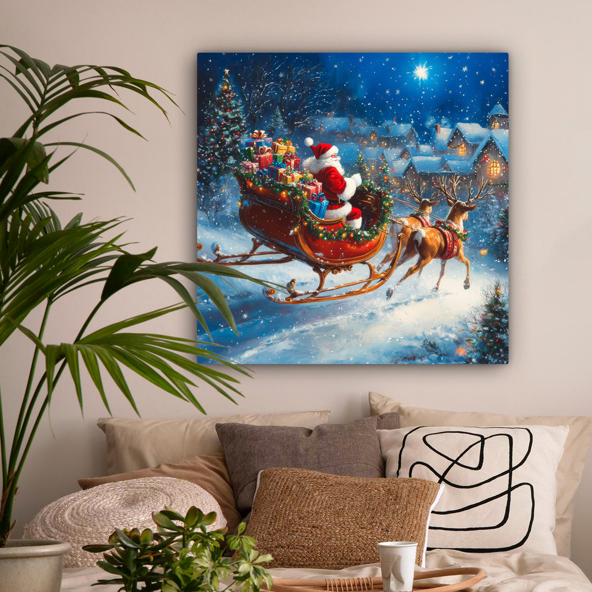 LEINWANDBILD Weihnachtsmann - Rentier - Weihnachten - Schnee Deko Groß 90x90 cm - Cognac, Textil (90/90cm) - MuchoWow