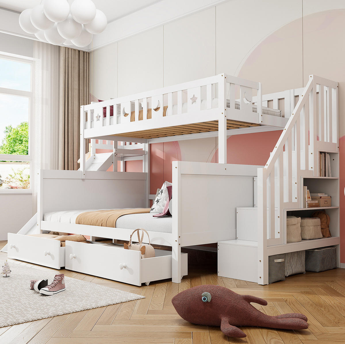 ETAGENBETT Kinderbett 90/200 & 140/200 cm aus Massivholz mit Rutsche, Leiterregal und 2 Schubladen Weiß - Weiß, Holz (90/140cm) - Modenvie