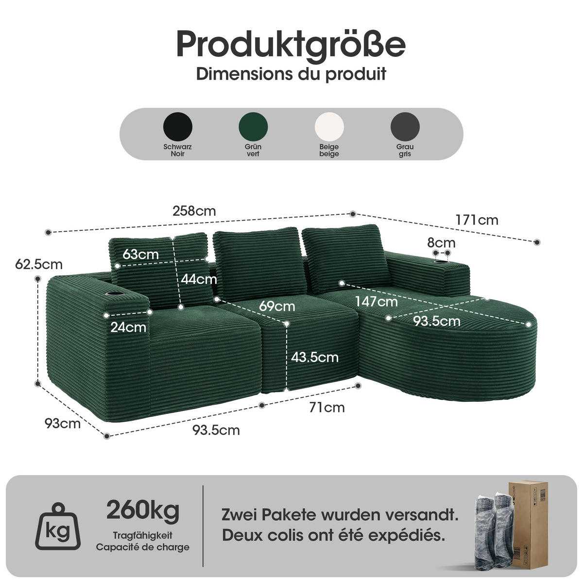 2-SITZER ECKSOFA Cord Retrogrün mit 3 Kissen und 2 Becherhalter - Jadegrün, Textil (265/176cm) - WISHDOR