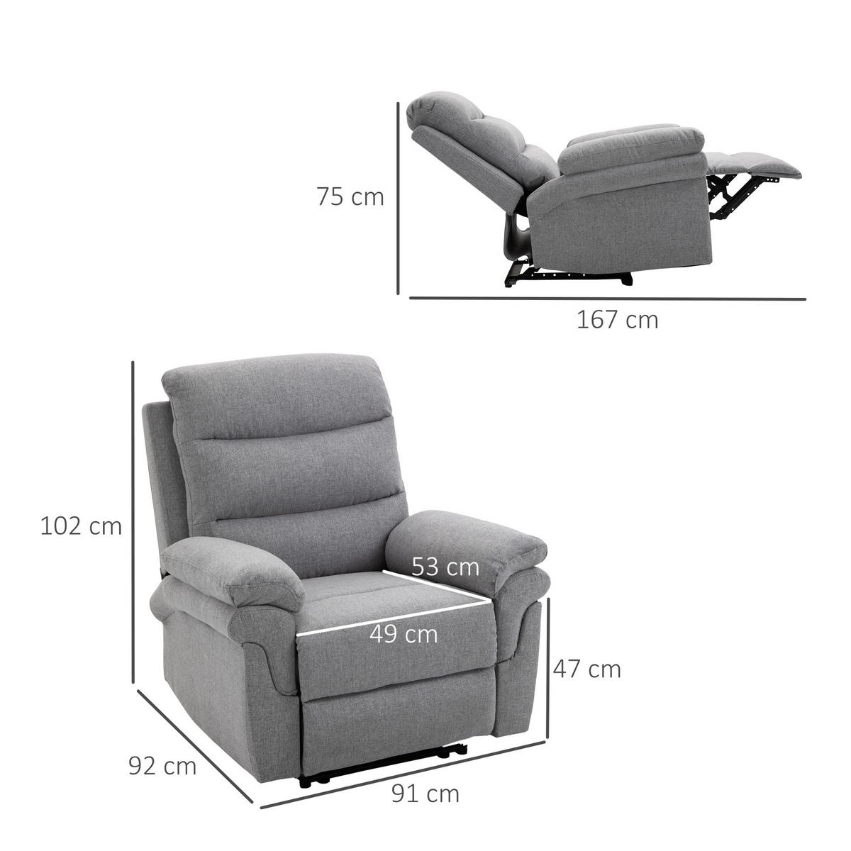 RELAXSESSEL mit Liegefunktion, Hellgrau - Hellgrau, Metall (92/102/91cm) - HOMCOM