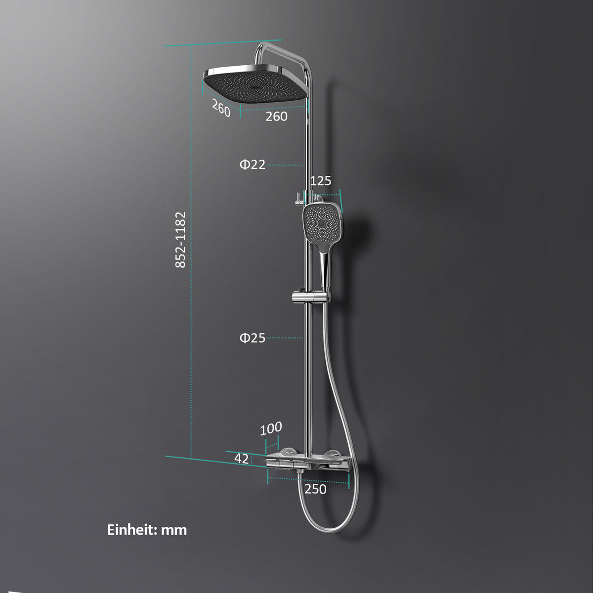 ÜBERKOPFBRAUSESET mit Thermostat Aufputz Drei Wasserauslassmethoden Chrom - Chromfarben, Metall (66.5/198.6/71.1cm) - EMKE