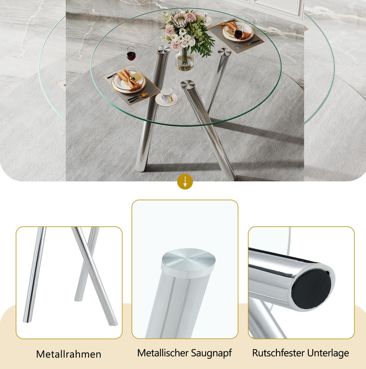 ESSTISCH rund Ø 89 cm in Silber mit Glasplatte und Metallgestell - Silberfarben, Metall (89/89/76cm) - BEAOK