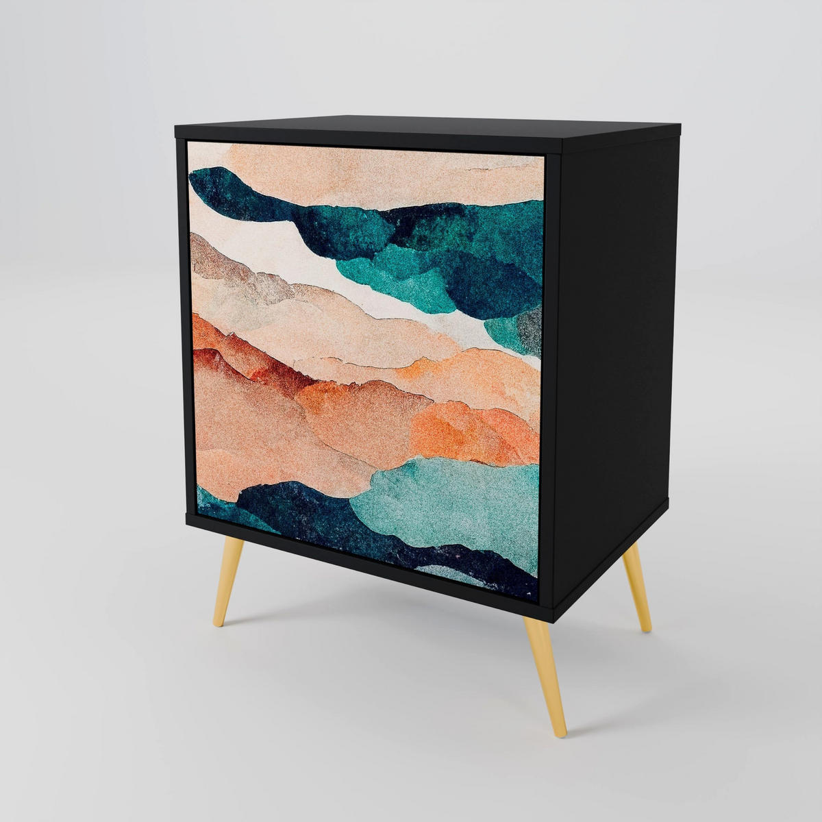 SIDEBOARD ABSTRACT LANDSCAPE, Schwarz, 57,5x42x72,5 cm, Schwarze Metallfüße - Multicolor/Schwarz, Holzwerkstoff/Metall (57.5/72.5/42cm) - SpaceRebels