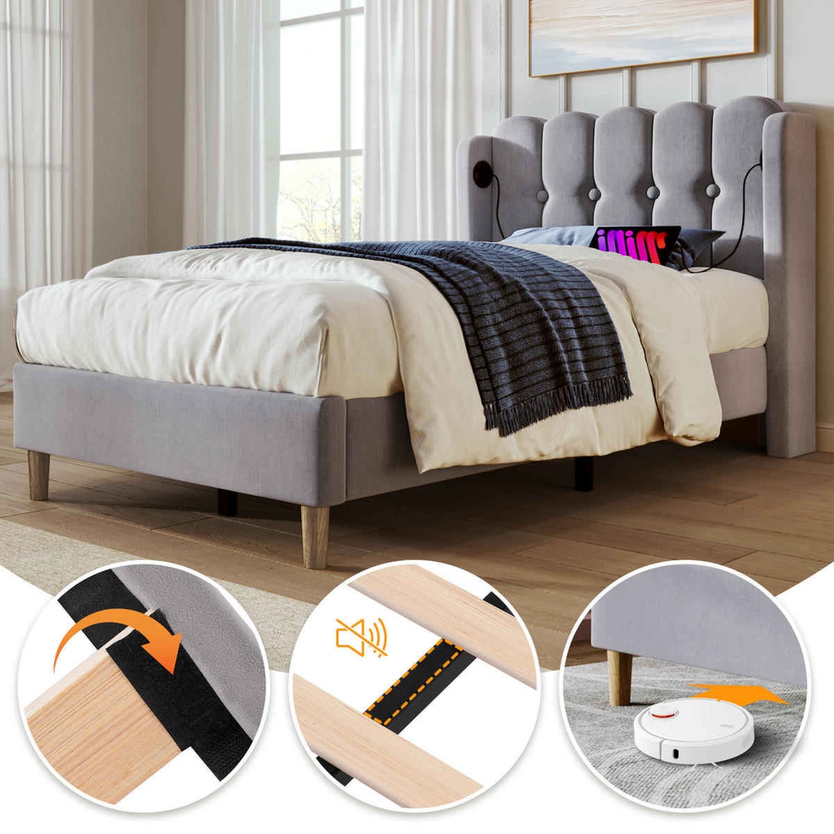 POLSTERBETT Einzelbett 90/200 cm grau mit USB Typ C Ladefunktion Mit Matratze - Grau, Textil (90/200cm) - OKWISH