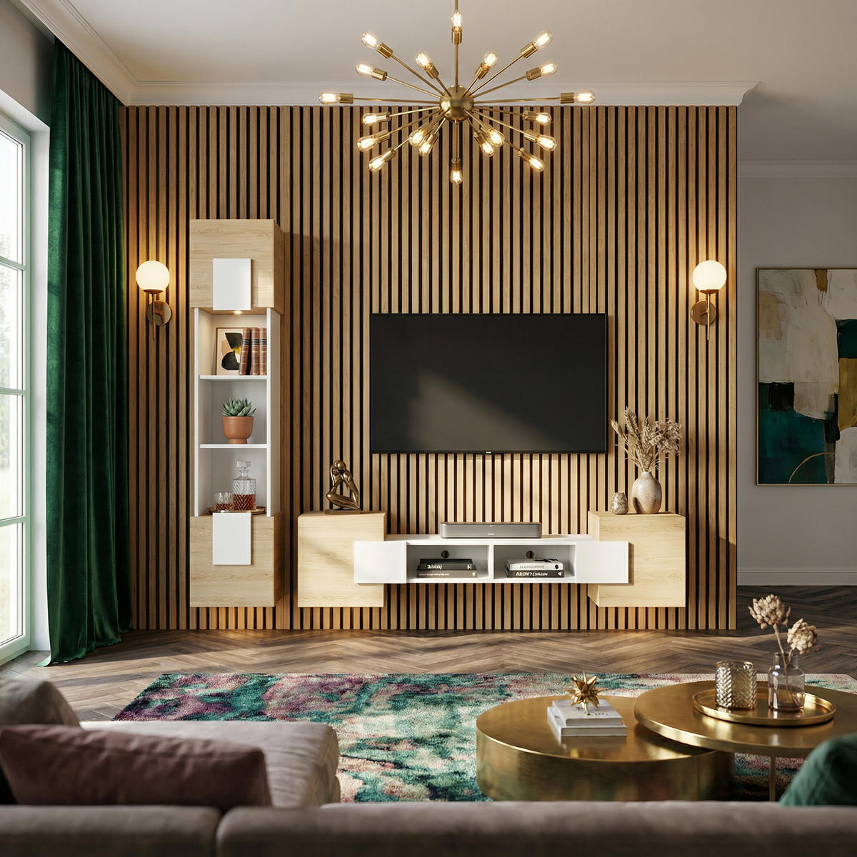 WOHNWAND TORINO Hängend + Stehend, 2-er Set, Mattes Finish, Arktisches Weiß, Ölbehandelt Eiche - Eichefarben/Weiß, Holzwerkstoff/Kunststoff (220/172/35cm) - Komodee