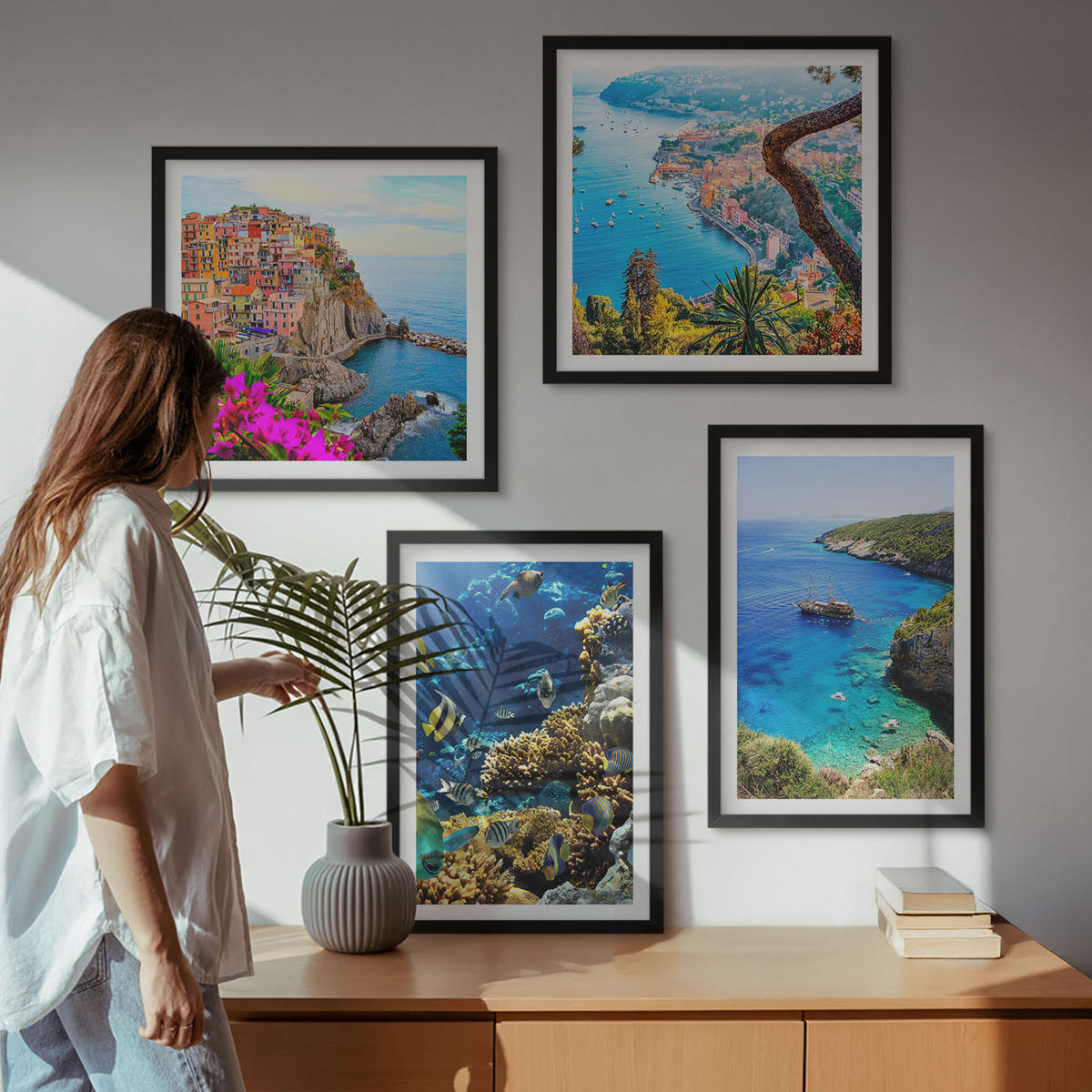 WANDBILDER 4er-Set - 50x50 cm & 40x60 cm Schwarzer Rahmen - Meerblick, farbenfrohe Häuser - Schwarz, Kunststoff (50/50cm) - ArtPrintCave