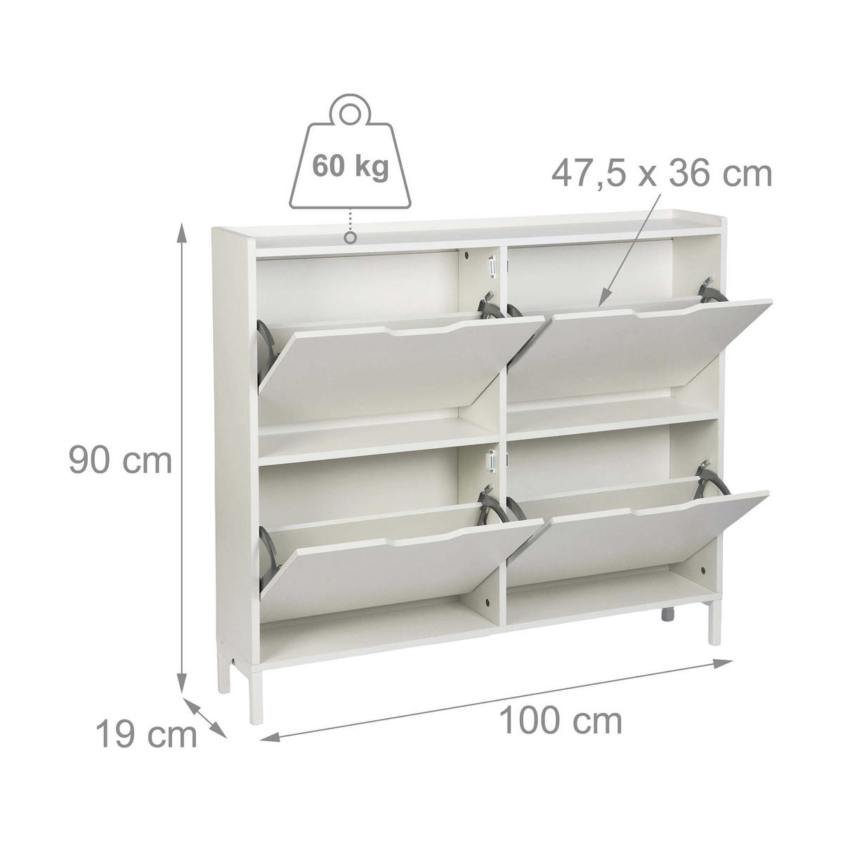 BOTNÍK bílý 4 výklopné přihrádky - bílá, kov/kompozitní dřevo (100/90/19cm) - Relaxdays